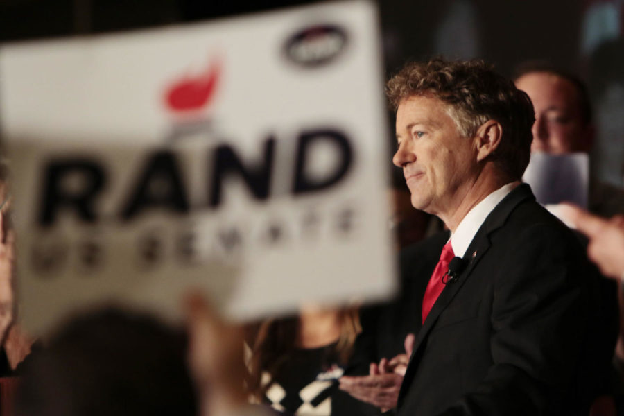 Sen. Rand Paul smiles during a speech thanking his supporters and reiterating his promise to them at his election party at the Galt House Hotel in Lexington, Ky., on Tuesday, November 8, 2016. The Associated Press called the Kentucky U.S. Senate race at 7:07 p.m. Photo by Joshua Qualls | Staff