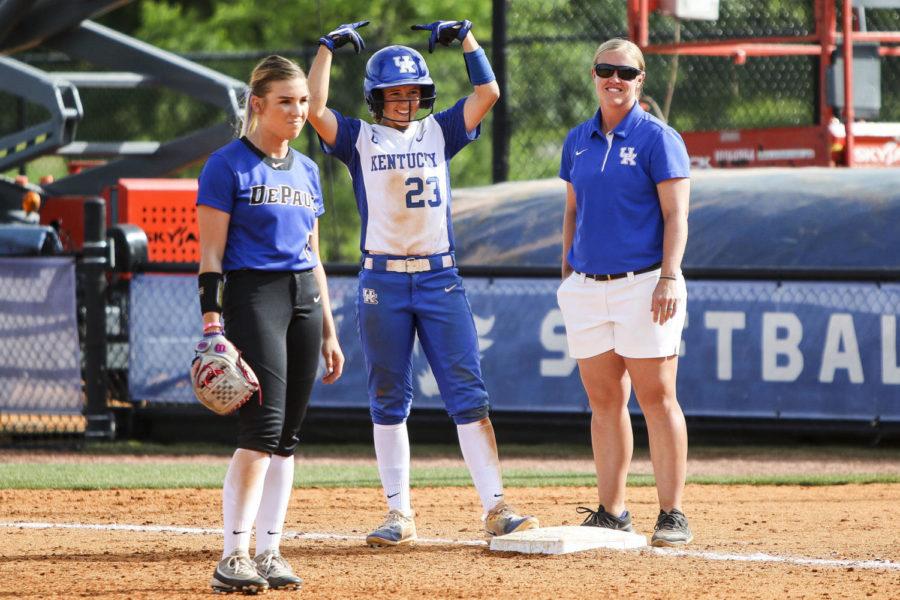 Kentucky Wildcats short stop Katie Reed celebrates after hitting a single in the sixth inning of game two of the Lexington Regional at John Cropp Stadium on Friday, May 19, 2017 in Lexington, KY. Photo by Addison Coffey | Staff.