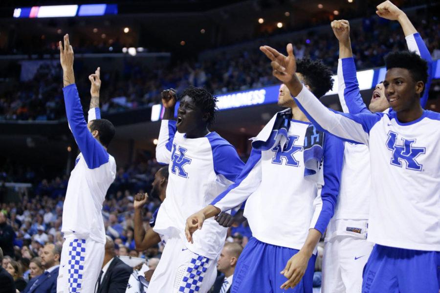 Kentucky Wildcats forward Wenyen Gabriel and the bench react after a three pointer against the UCLA Bruins during the 2017 NCAA Mens Basketball Tournament South Regional Sweet 16 at FedExForum in Memphis, TN on Friday March 24, 2017. Photo by Michael Reaves | Staff