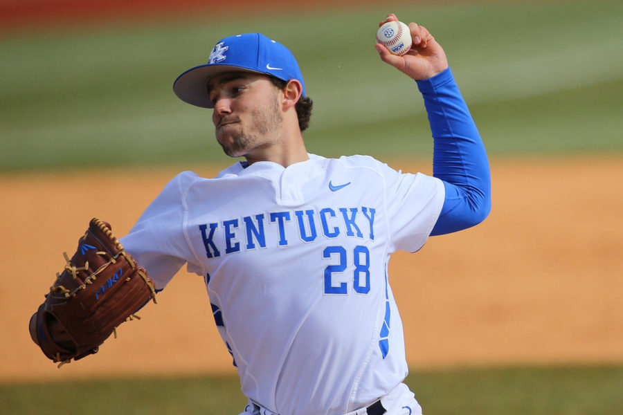 Pitcher+Logan+Salow+of+the+Kentucky+Wildcats+delivers+a+pitch+during+the+game+against+the+Buffalo+Bulls+at+Cliff+Hagan+Stadium+in+Lexington%2C+Ky.+on+Sunday%2C+March+6%2C+2016.+Photo+by+Michael+Reaves+%7C+Staff.
