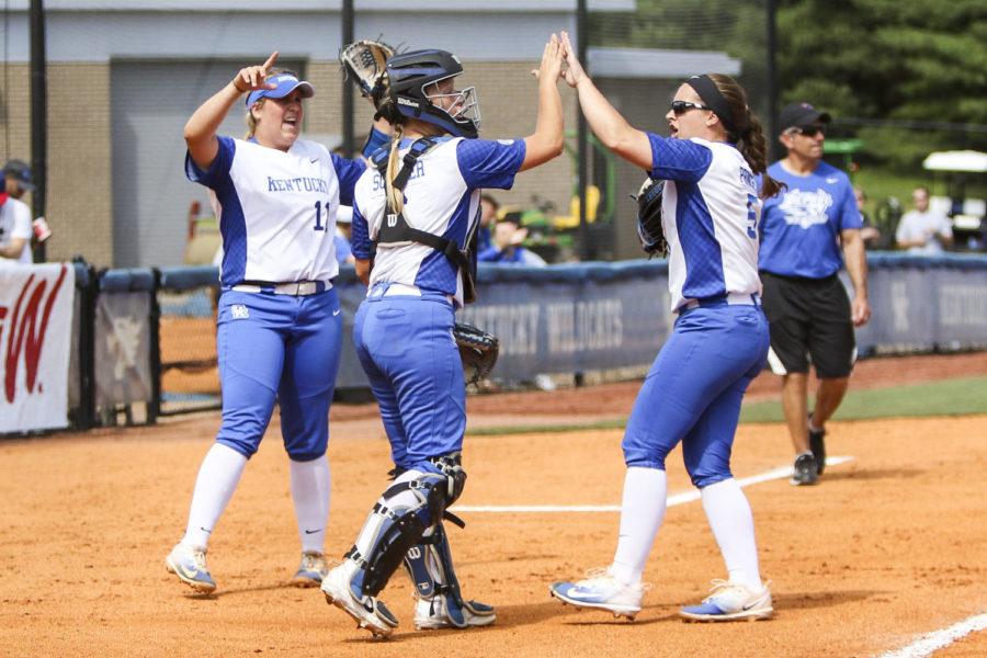Kentucky Wildcats pitcher Meagan Prince celebrates with catcher Jenny Schaper after the first inning of game two of the Lexington Regional at John Cropp Stadium on Friday, May 19, 2017 in Lexington, KY. Photo by Addison Coffey | Staff.