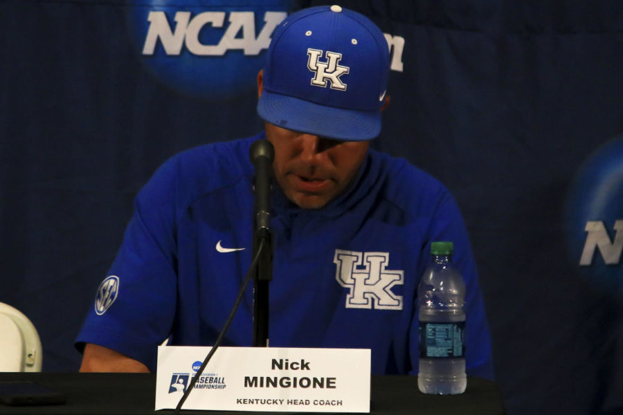 Kentucky Wildcats head coach Nick Mingione takes a moment before answering a question after the second game of 2017 NCAA Division I Mens Baseball Super Regional at Jim Patterson Stadium on Saturday, June 10, 2017 in Louisville, KY. Photo by Addison Coffey | Staff.