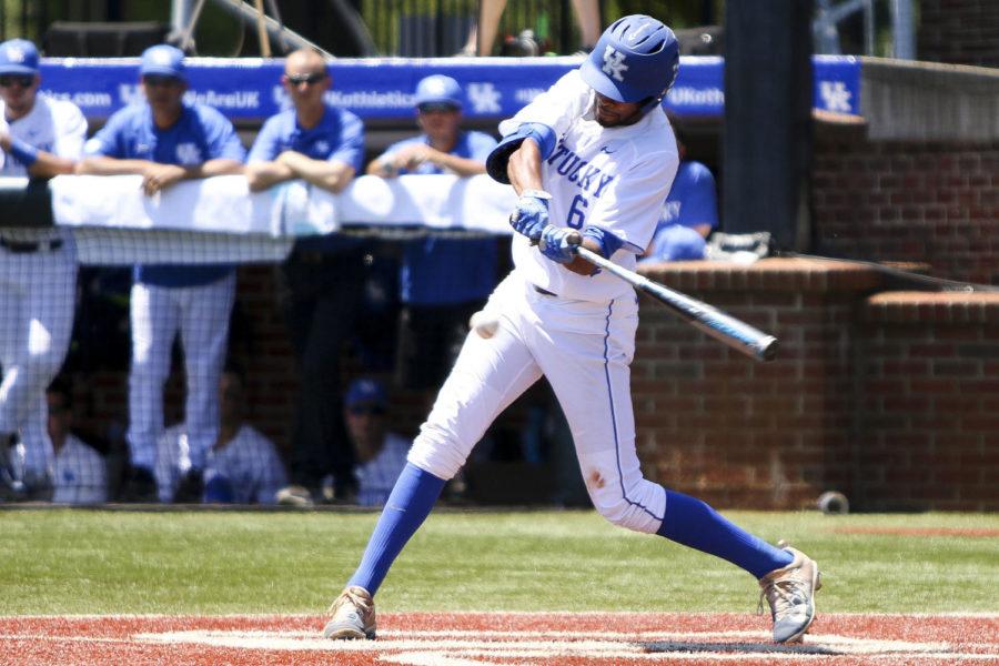 Kentucky Wildcats outfielder Tristan Pompey hits a single during the fifth inning of the first round game of the Lexington Regional at Cliff Hagan Stadium on Friday, June 2, 2017 in Lexington, KY. Photo by Addison Coffey | Staff.