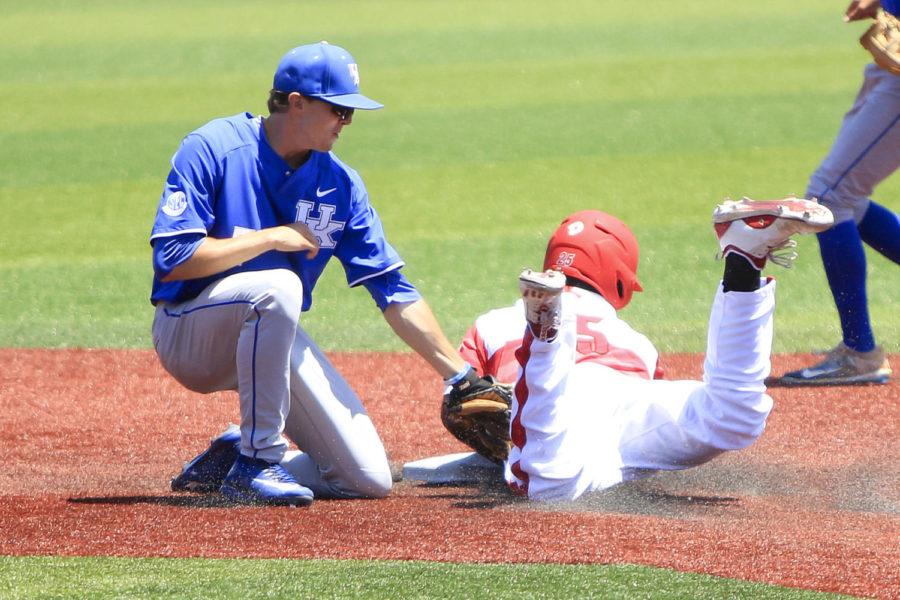 Kentucky+Wildcats+short+stop+Connor+Heady+tags+out+Louisville+outfielder+Josh+Stowers+in+the+second+inning+of+the+first+game+of+2017+NCAA+Division+I+Mens+Baseball+Super+Regional+at+Jim+Patterson+Stadium+on+Friday%2C+June+9%2C+2017+in+Louisville%2C+KY.+Photo+by+Addison+Coffey+%7C+Staff.