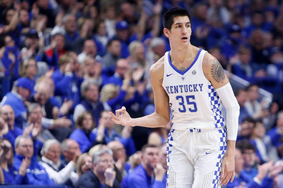 Kentucky Wildcats forward Derek Willis celebrates a three pointer against the Kansas Jayhawks on Saturday January 28, 2017 at Rupp Arena in Lexington, Ky. Photo by Michael Reaves | Staff