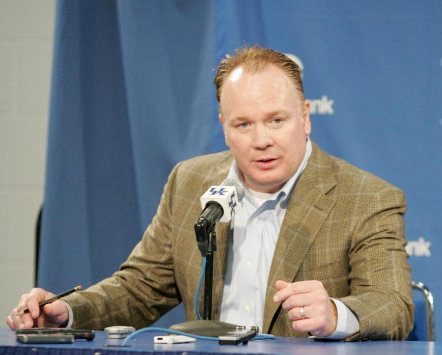 Football Coach Mark Stoops talks during a pre-game press conference at Rupp Arena in Lexington, Ky., on Saturday, January 12, 2013.