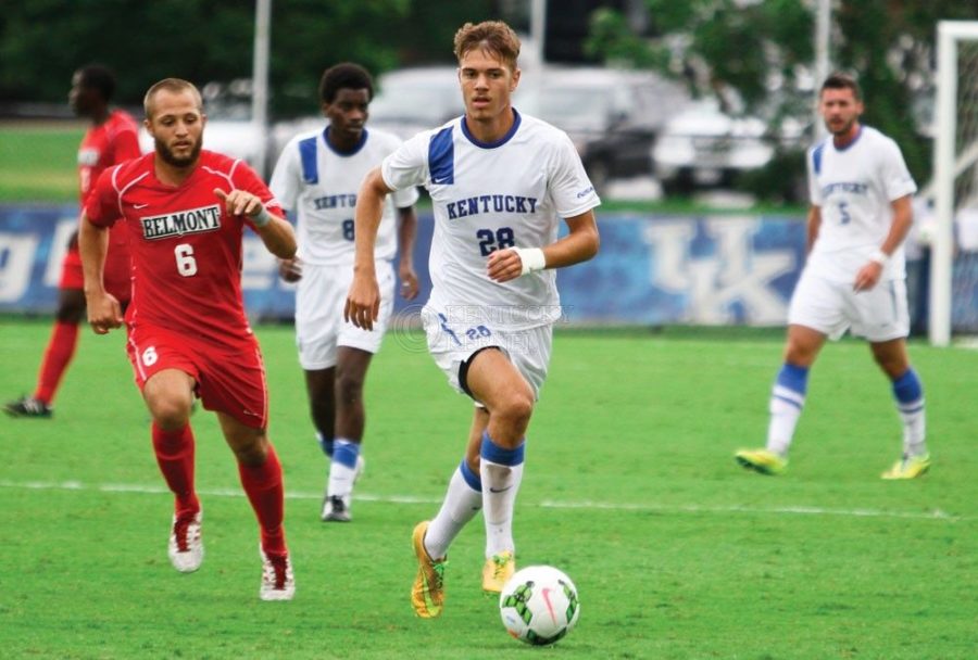 Kentucky freshman Stefan Stojkovic brings the ball up the field during the University of Kentucky vs. Belmont men's soccer game at the Wendell and Vickie Bell Soccer Complex in Lexington, Ky., on Sunday, August 31, 2014. Photo by Jonathan Krueger