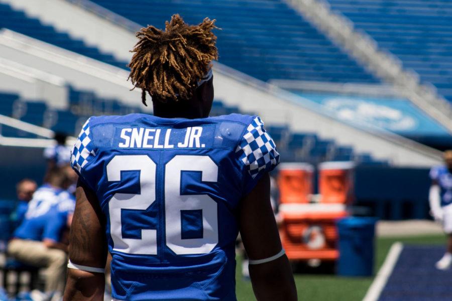 Members+of+the+University+of+Kentucky+Football+Team+hangout+on+the+field+during+the+media+day+at+Kroger+Field+on+Sunday+July+30%2C+2017+in+Lexington%2C+KY.+Photo+by+Arden+Barnes+%7C+Staff