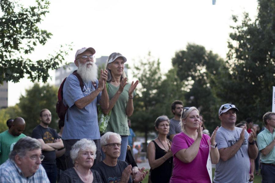 Kentuckians gather in front of the Courthouse in downtown Lexington in solidarity with Charlottesville, Virginia on Monday August 14, 2017. Photo by Arden Barnes | Staff