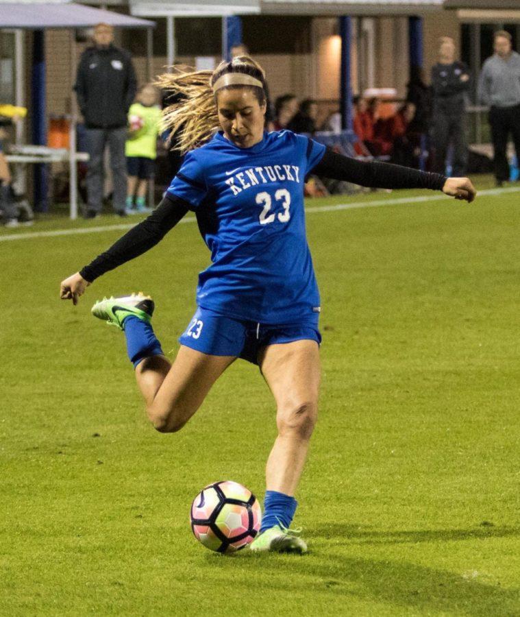 Kentucky forward Tanya Samarzich takes a shot on goal during the Wildcats 3-1 loss to Georgia on Thursday, October 27, 2016 in Lexington, Ky. photo by Addison Coffey | Staff
