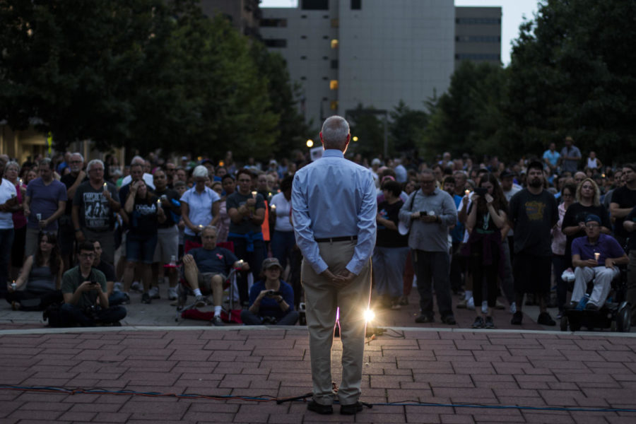 Vice Mayor Steve Kay addresses the crowd that gathered in front of the Courthouse in downtown Lexington in solidarity with Charlottesville, Virginia on Monday August 14, 2017. Photo by Arden Barnes | Staff