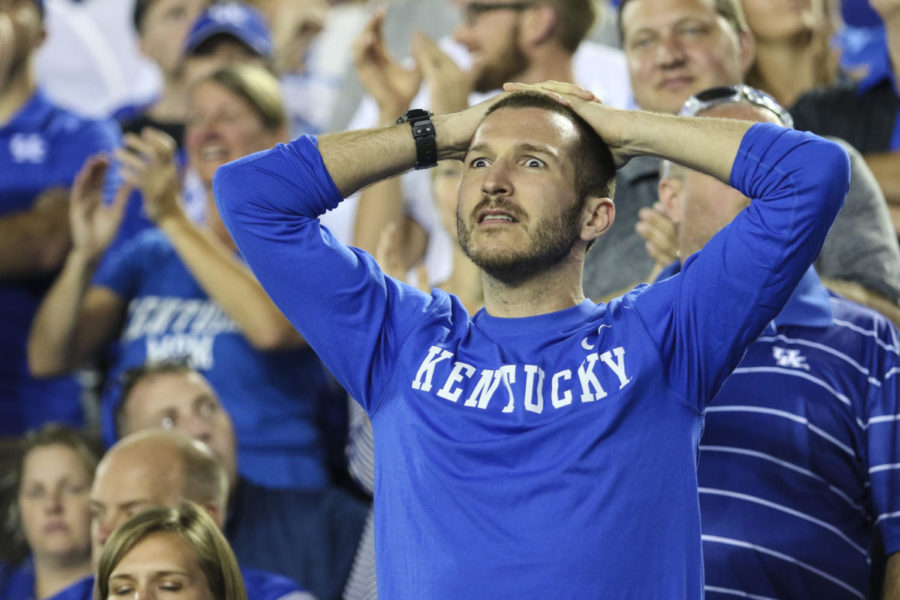 A frustrated Cats fan overlooks the field during the Wildcats game against the Southern Miss Golden Eagles at Commonwealth Stadium on September 2, 2016 in Lexington, Kentucky.