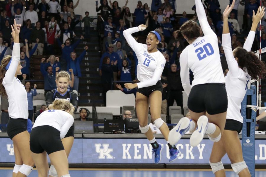 Members of the University of Kentucky women's volleyball team celebrate after scoring a point during the match against Texas A&M on Sunday, November 20, 2016 in Lexington, Ky. Kentucky won the game 3-1. Photo by Hunter Mitchell | Staff