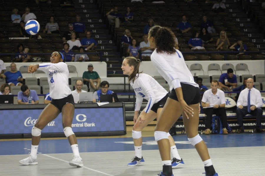 The UK Womens Volleyball team plays a point during the UK Womens Volleyball game against Arkansas State at Memorial Coliseum in Lexington, KY on Friday, August 25, 2017. The Cats won 3 to 0. Adam Sherberg | Staff