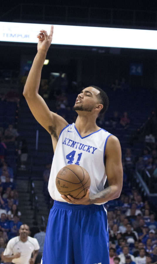 Trey Lyles goofs off during the Alumni Game on Friday, August 25, 2017 at Rupp Arena in Lexington, Ky. Photo by Arden Barnes | Staff