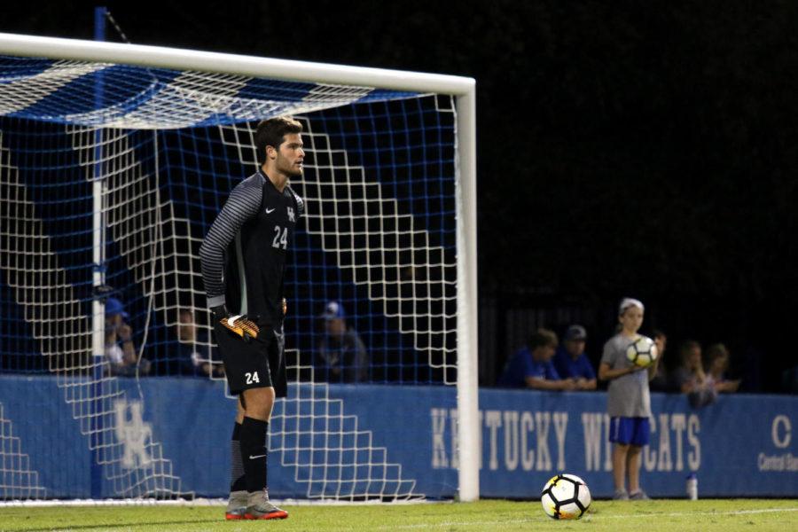 Freshman goalkeeper Enrique Facusse watches from the box during the game against UAB on Friday, September 8, 2017 in Lexington, Ky. Kentucky won the match 1-0.