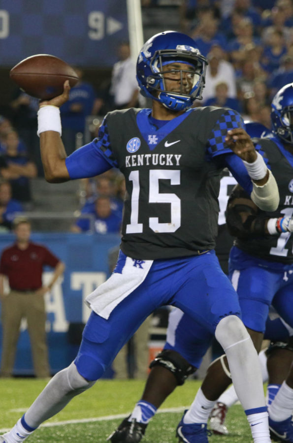 Kentucky+quarterback+Stephen+Johnson+in+action+during+the+Wildcats+game+against+the+South+Carolina+Gamecocks+at+Commonwealth+Stadium+on+September+24%2C+2016+in+Lexington%2C+Kentucky.