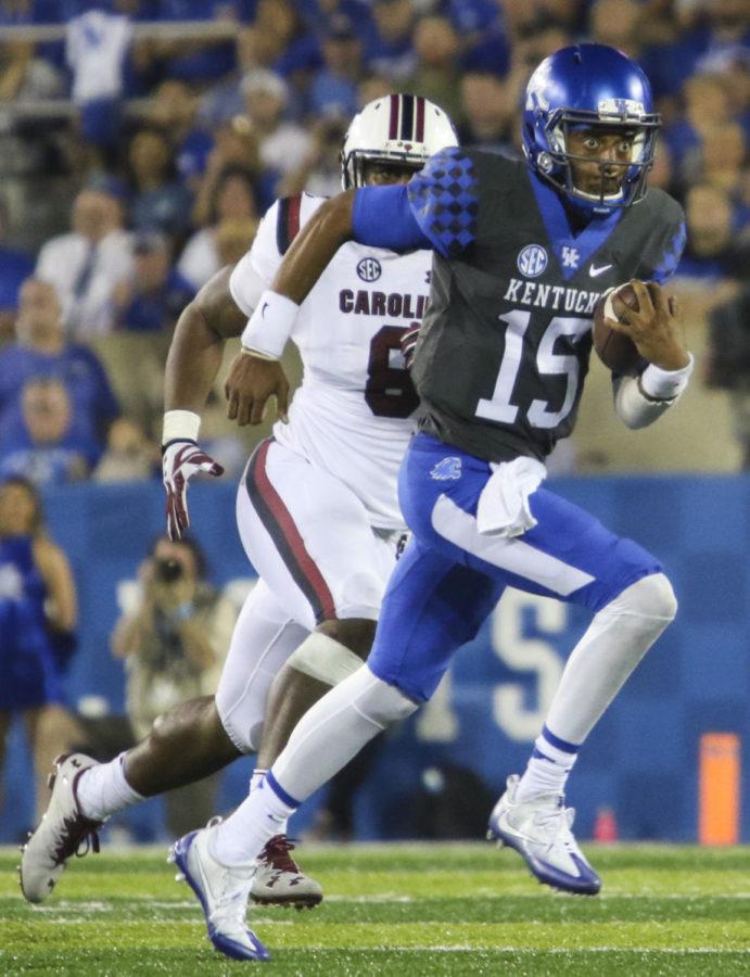 Kentucky quarterback Stephen Johnson rushes with the ball during the Wildcats game against the South Carolina Gamecocks at Commonwealth Stadium on September 24, 2016 in Lexington, Kentucky.