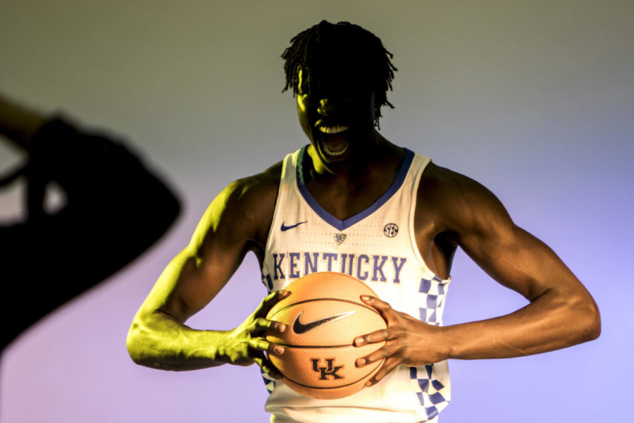 Wenyen Gabriel #32 poses for a portrait by Courier Journal photographer Michael Clevenger during the University of Kentucky Mens Basketball photo day on Monday, September 18, 2017 in Lexington, Kentucky. Photo by Arden Barnes | Staff
