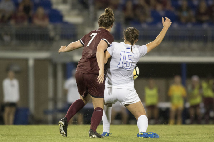 Sophomore midfielder Gina Crosetti defends the ball during the game against South Carolina on Thursday, September 21, 2017 in Lexington, Kentucky. The Cats lost 0 to 1. Photo by Arden Barnes | Staff
