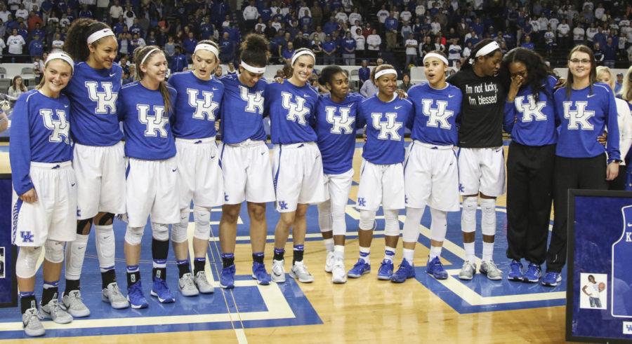 The Kentucky Wildcat Womens Basketball Team stands together for the playing of My Old Kentucky Home prior to the game against the Mississippi State Bulldogs on Thursday, February 23, 2017 at Memorial Coliseum in Lexington, KY. Photo by Addison Coffey | Staff.