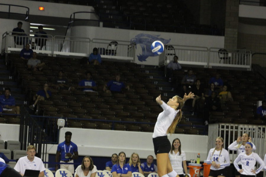 Madison Lilley serves the ball during the UK Womens Volleyball game against Arkansas State at Memorial Coliseum in Lexington, KY on Friday, Aug. 25, 2017. The Cats won 3 to 0. Adam Sherberg | Staff