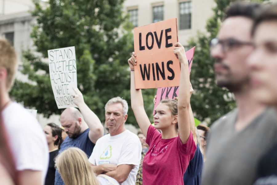 Kentuckians+gather+in+front+of+the+Courthouse+in+downtown+Lexington+in+solidarity+with+Charlottesville%2C+Virginia+on+Monday+August+14%2C+2017.+Photo+by+Arden+Barnes+%7C+Staff