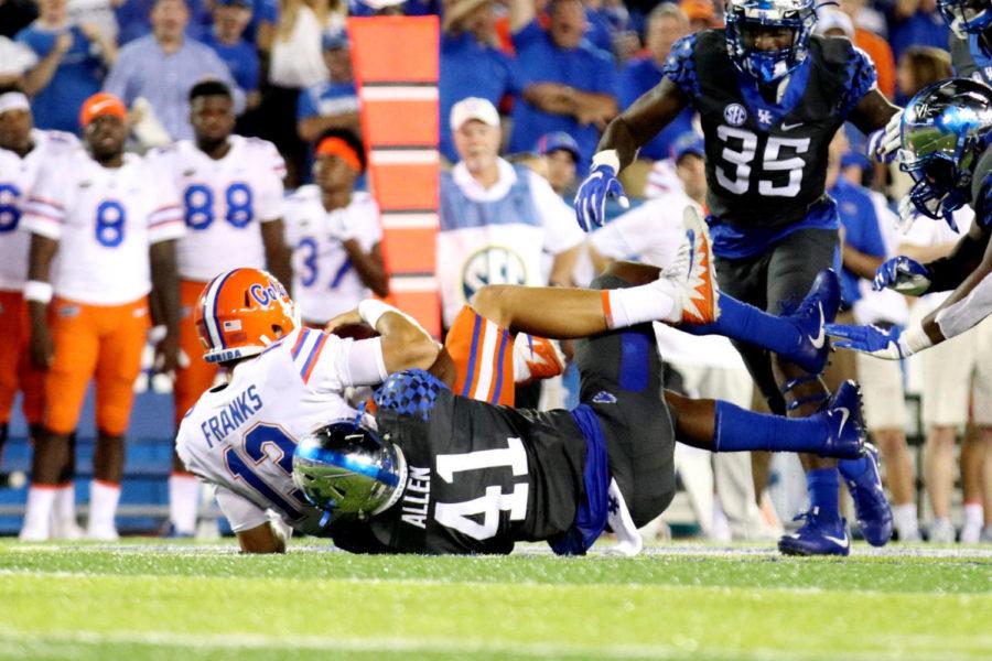 Kentucky linebacker Josh Allen sacks the QB during the game against the University of Florida on Saturday, September 23, 2017 in Lexington, Ky. Kentucky was defeated 28-27. Photo by Chase Phillips | Staff