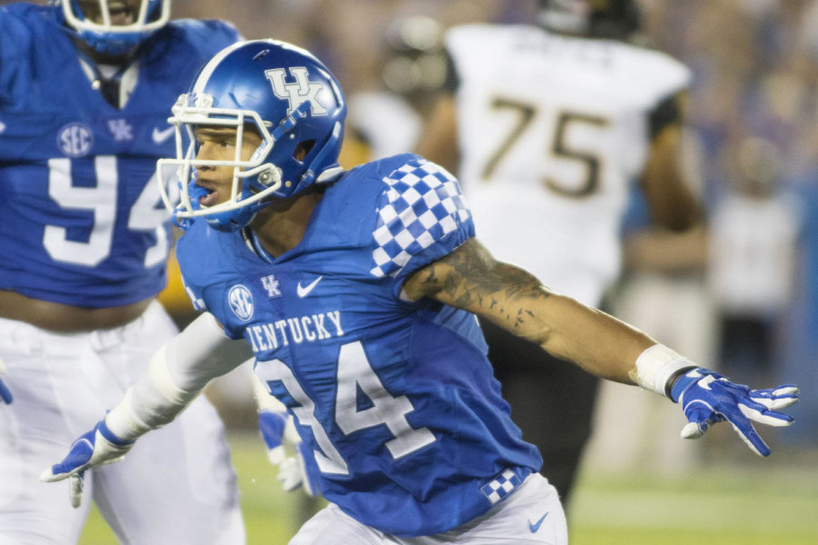 Kentucky linebacker Jordan Jones celebrates a tackle during the Wildcats game against the Southern Miss Golden Eagles at Commonwealth Stadium on September 2, 2016 in Lexington, Kentucky.