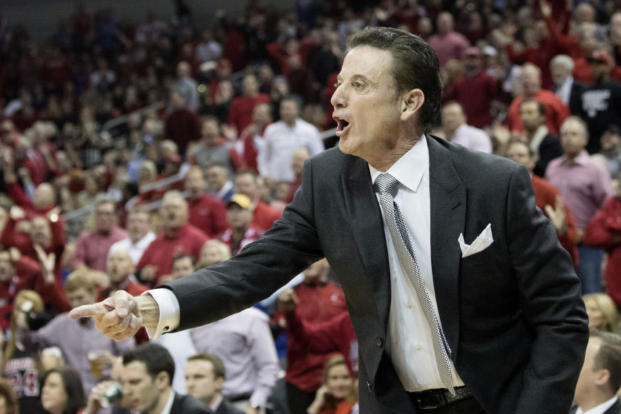 Louisville head coach Rick Pitino yells from the sidelines during the game against the Louisville Cardinals on Wednesday, December 21, 2016 in Louisville, Ky. Louisville won the game 73-70.
