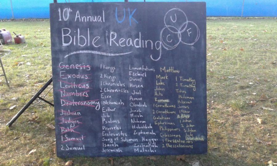 After nine hours of the 72-hour Bible reading marathon, members of United Christian Fellowship had read nine books of the Old Testament. The marathon lasts from Sept. 25 at 8 p.m. to Sept. 28 at 8 p.m., in front of Bowmans Den.