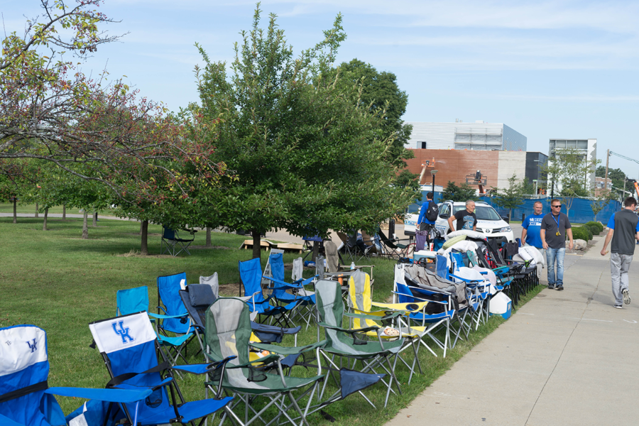 UK fans Line their lawn chairs across from Memorial Coliseum in Lexington, Kentucky on Tuesday, Sept. 26, 2017 to secure their place in line for Big Blue Madness tickets. Photo by Mark C. Walsh | Staff