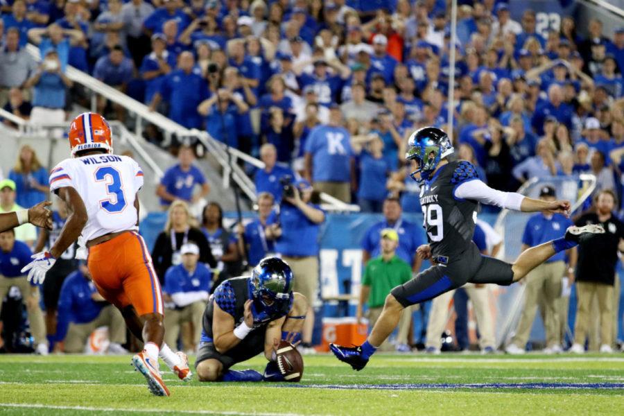 Kentucky kicked Austin MacGinnis misses the game winning field goal during the game against the University of Florida on Saturday, September 23, 2017 in Lexington, Ky. Kentucky was defeated 28-27. Photo by Chase Phillips | Staff