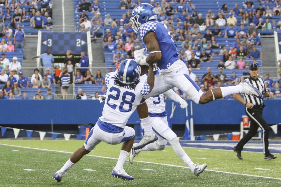 Kentucky+Wildcats+defensive+back+Kei+Beckham+breaks+up+a+pass+intended+for+wide+receiver+Dorian+Baker+during+the+blue+white+spring+game+at+Commonwealth+Stadium+on+Friday%2C+April+14%2C+2017+in+Lexington%2C+KY.+Photo+by+Addison+Coffey+%7C+Staff.