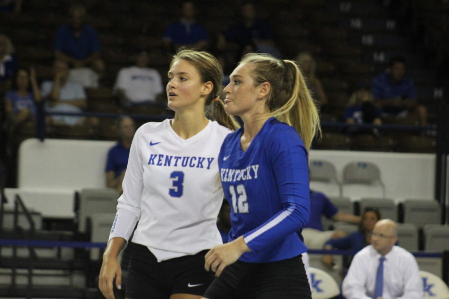 Gabby+Curry+and+Madison+Lilley+high+five+each+other+after+scoring+a+point%C2%A0during+the+UK+Womens+Volleyball+game+against+Arkansas+State+at+Memorial+Coliseum+in+Lexington%2C+KY%C2%A0on+Friday%2C+August+25%2C+2017.+The+Cats+won+3+to+0.+Adam+Sherberg+%7C+Staff