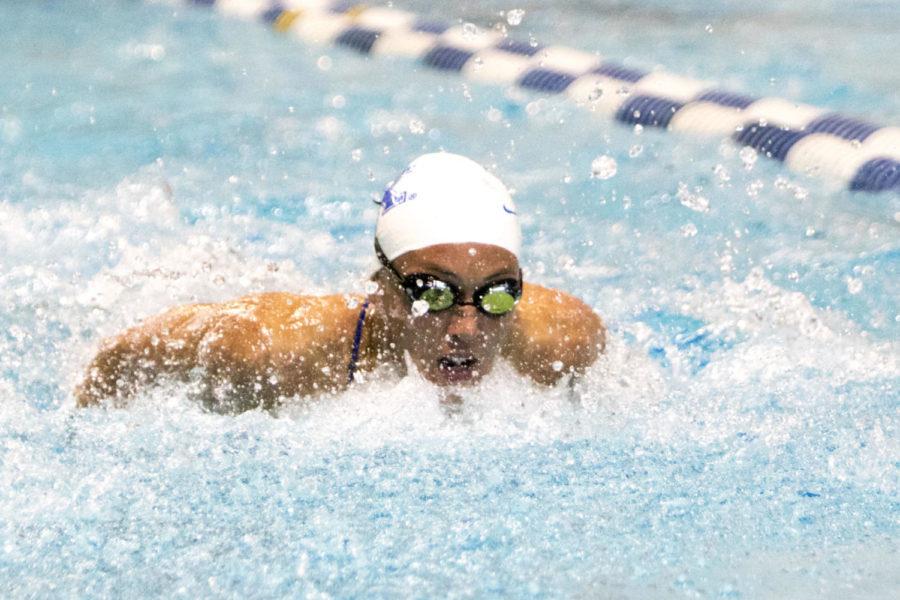 UK senior Ann Davies swims the 200 yard butterfly during the the Sun Shall Shine Blue-White intrasquad swim meet on Friday, September 29, 2017 in Lexington, Kentucky. The White team won 301 to 286. Photo by Arden Barnes | Staff