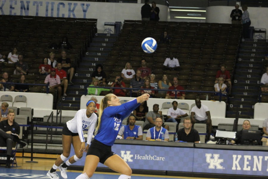 Gabby Curry attacks the ball during the UK Womens Volleyball game against Arkansas State at Memorial Coliseum in Lexington, KY on Friday, Aug. 25, 2017. The Cats won 3 to 0. Adam Sherberg | Staff