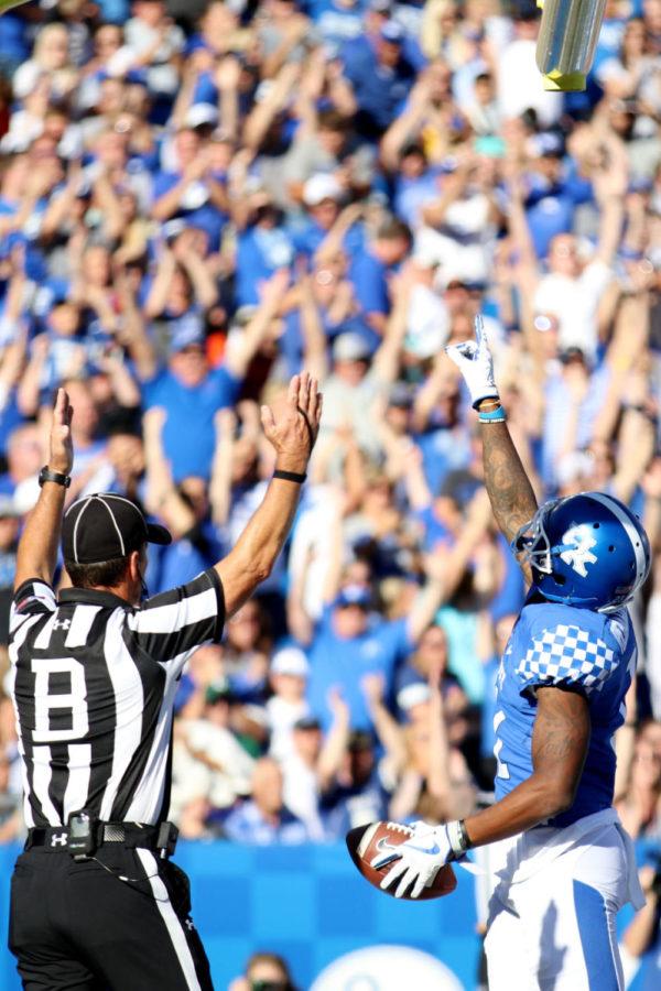 Kentucky wide receiver Tavin Richardson celebrates a touchdown during the game against Eastern Michigan on Saturday, September 30, 2017 in Lexington, Ky. Kentucky won 24-20. Photo by Chase Phillips | Staff