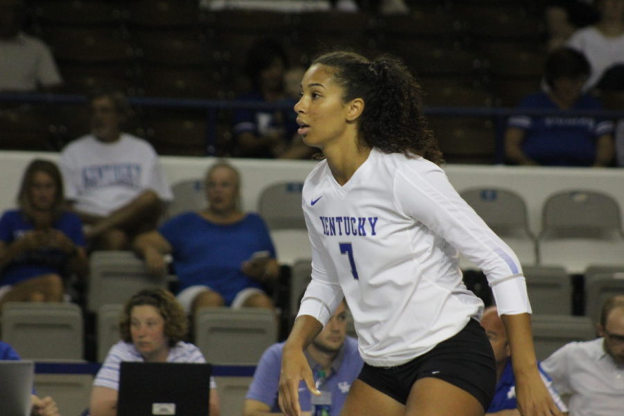 Kaz Brown awaits the ball during the UK Womens Volleyball game against Arkansas State at Memorial Coliseum in Lexington, KY on Friday, August 25, 2017. The Cats won 3 to 0. Adam Sherberg | Staff