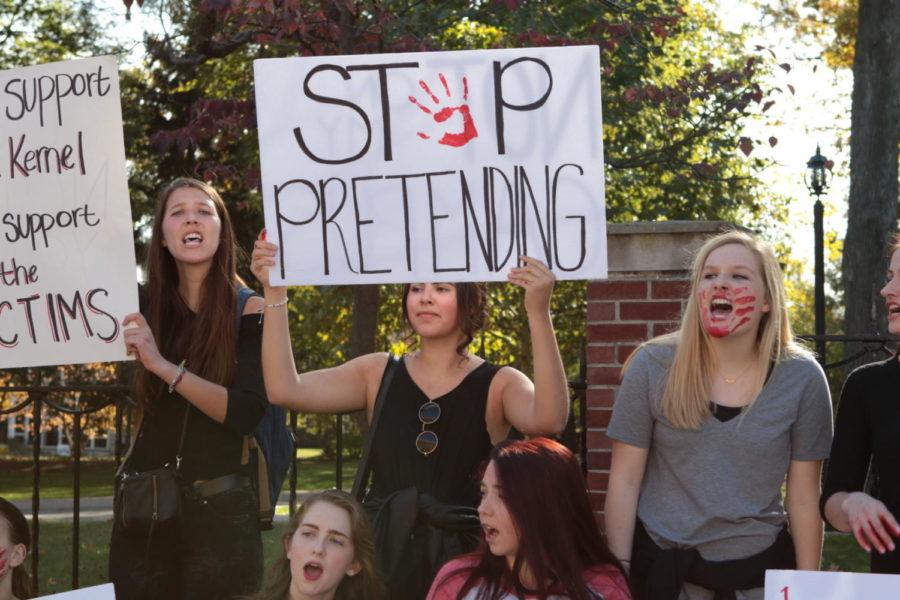 UK Feminist Alliance chants in protest against on-campus sexual assault in front of President Eli Capiloutos house at the University of Kentucky in Lexington, Ky., on Nov. 11, 2016. The group demanded for the university administration to release the redacted sexual assault records involving former professor James Harwood. Photo by Joshua Qualls | Staff File Photo