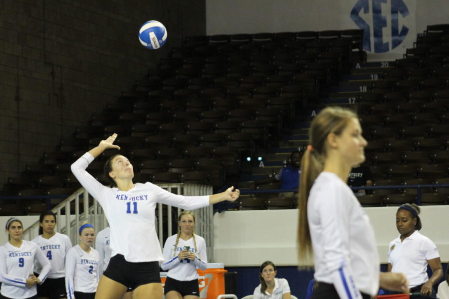 Emily Franklin serves during the UK Womens Volleyball game against Arkansas State at Memorial Coliseum in Lexington, KY on Friday, Aug. 25, 2017. The Cats won 3 to 0. Adam Sherberg | Staff