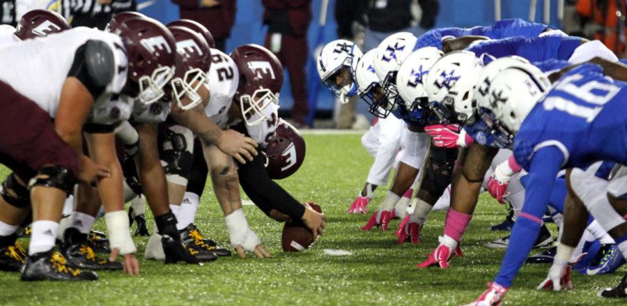 Eastern Kentucky faces University of Kentucky during the game against the Eastern Kentucky Colonels at Commonwealth Stadium in Lexington, Kentucky on Saturday, Oct. 3, 2015. Kentucky defeated Eastern Kentucky 34-27 in overtime. Photo by Lexi Baskin | Staff