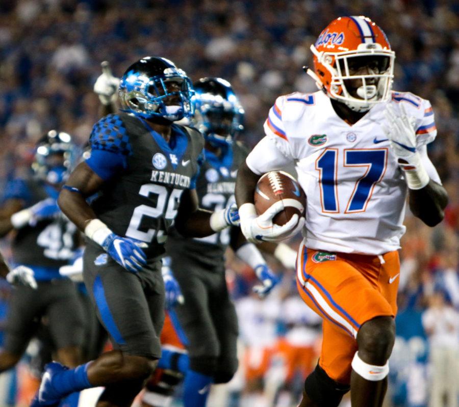 Florida quarterback Kadarius Toney scores a touchdown during the game against Florida on Saturday, Sept. 23, 2017 in Lexington, Kentucky. Kentucky was defeated 28 to 27. Photo by Arden Barnes | Staff