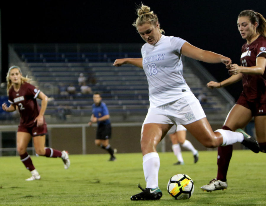 Junior forward Sophie Babo drives the ball up the field during game against South Carolina on Thursday, September 21, 2017 in Lexington, Ky.The Cats lost 0 to 1. Photo by Kaitlyn Gumm| Staff