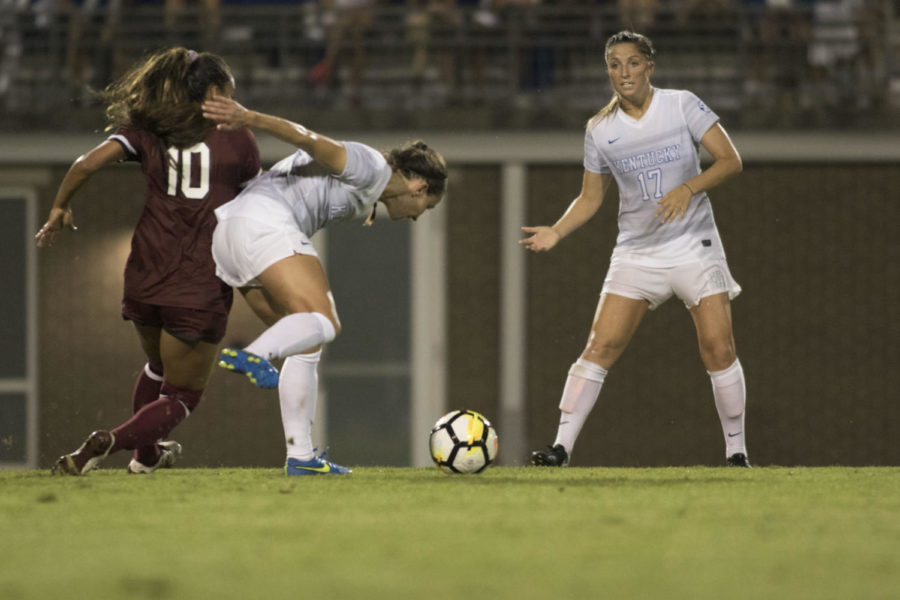 Sophomore+midfielder+Gina+Crosetti+defends+the+ball+during+the+game+against+South+Carolina+on+Thursday%2C+September+21%2C+2017+in+Lexington%2C+Kentucky.+The+Cats+lost+0+to+1.+Photo+by+Arden+Barnes+%7C+Staff