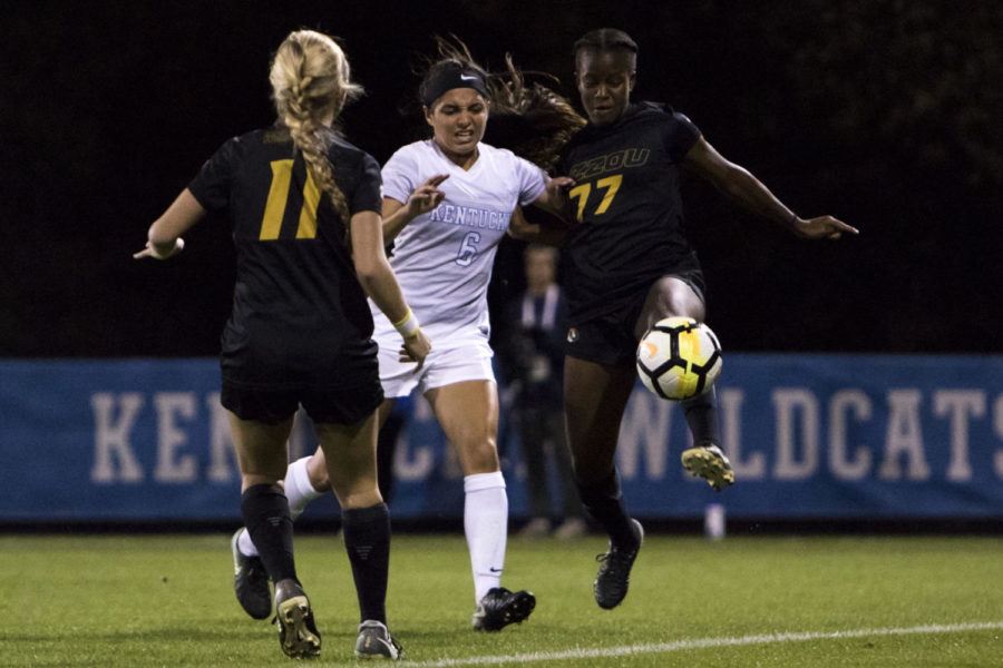 Kentucky freshman midfielder Miranda Jimenez battles for the ball during the game against Missouri on Thursday, October 12, 2017 in Lexington, Kentucky. The Cats were defeated 2 to 1. Photo by Arden Barnes | Staff