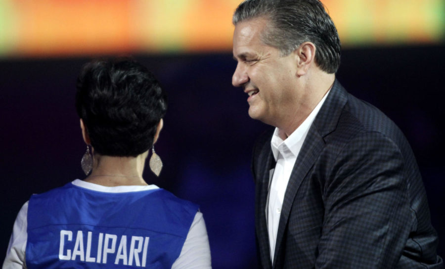 Head coach John Calipari greets his wife Ellen during Big Blue Madness on Friday, October 13, 2017 in Lexington, Ky. Photo by Carter Gossett | Staff