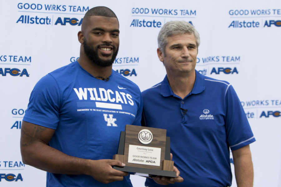 Kentucky line backer Courtney Love received the Allstate AFCA Good Works Team award on Thursday, October 12, 2017 in Lexington, Kentucky. The award was given to Love for his community service work. Love was named to the good works team in September 2017. Photo by Arden Barnes | Staff