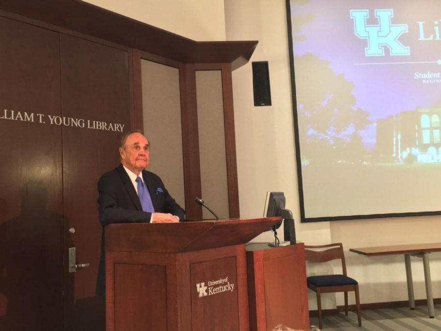 Legendary broadcast journalist Dick Enberg delivers his speech on Wednesday, October 5, 2017 in the William T. Young Library.