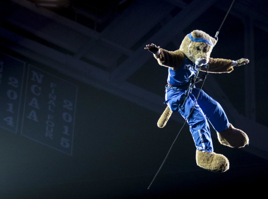 The Wildcat swings over the crowd during Big Blue Madness on Friday, October 14, 2016 at Rupp Arena in Lexington, Ky..
